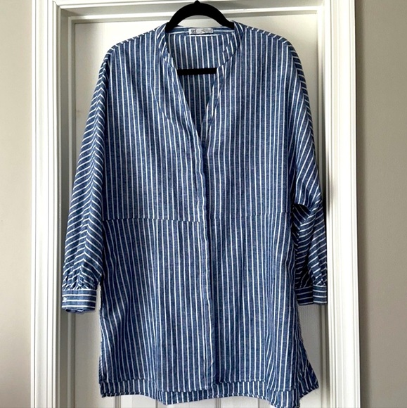 🆕️ Zara TRF Blue & White Stripes Shirt Dress. A-Line (Cotton-Linen) NWOT - Picture 11 of 12